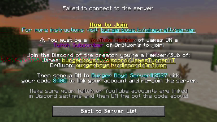 Example of first time connection to the Burger Boys Minecraft server